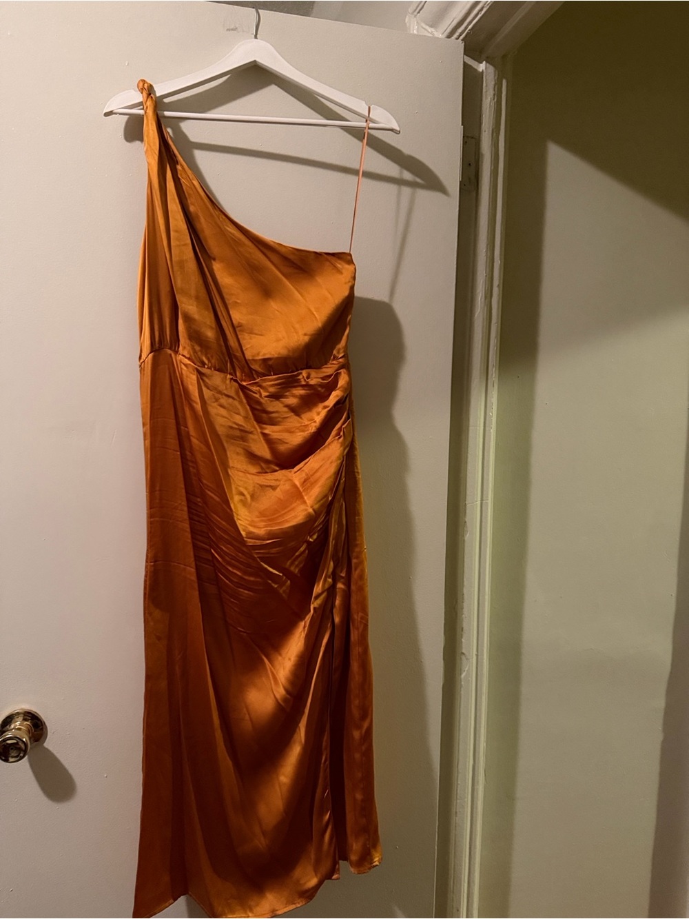 Cinq à Sept Orange Satin One Shoulder Draped Maxi Dress
